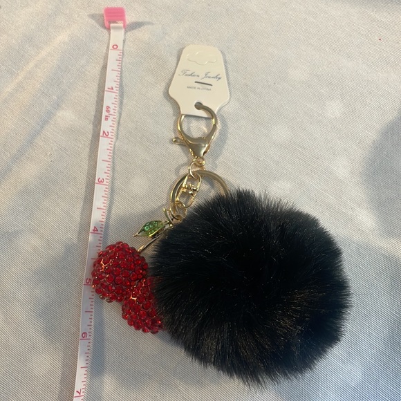 NEW Black Pom with Rhinestone cherry charm luxury style keychain purse charm - Picture 8 of 8